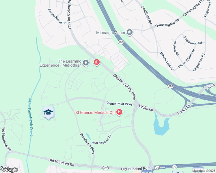 map of restaurants, bars, coffee shops, grocery stores, and more near 1250 Charter Colony Parkway in Midlothian