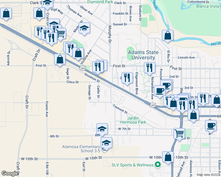 map of restaurants, bars, coffee shops, grocery stores, and more near 400 Washington Avenue in Alamosa