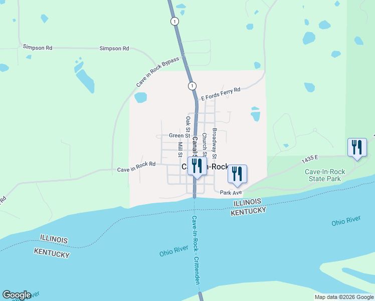 map of restaurants, bars, coffee shops, grocery stores, and more near Jefferson Street in Cave-In-Rock