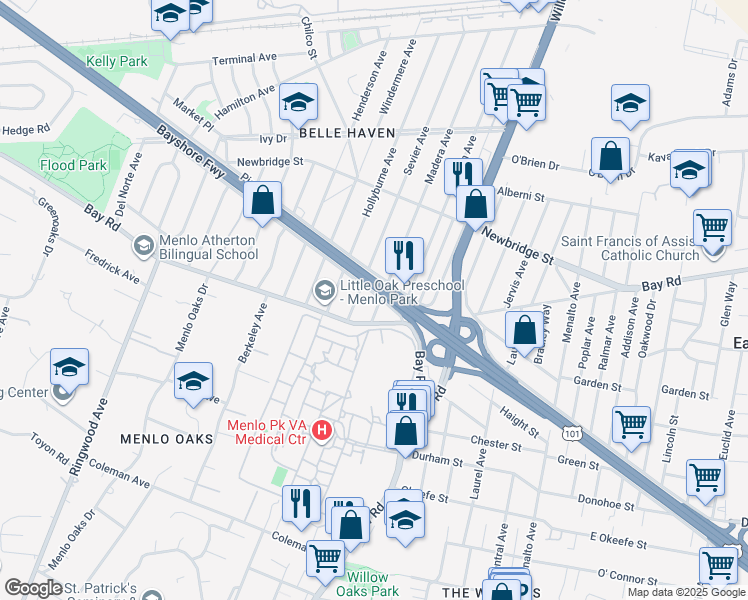 map of restaurants, bars, coffee shops, grocery stores, and more near 1009 Madera Avenue in Menlo Park