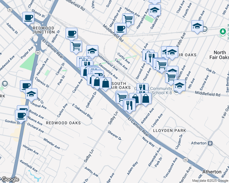 map of restaurants, bars, coffee shops, grocery stores, and more near 46 Berkshire Avenue in Redwood City