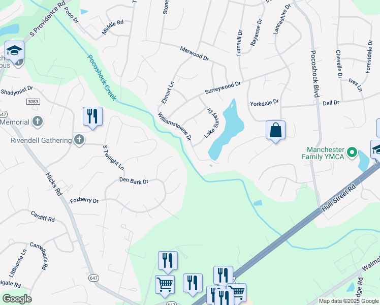 map of restaurants, bars, coffee shops, grocery stores, and more near 2200 Williamstowne Drive in Richmond