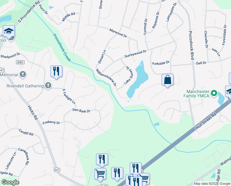 map of restaurants, bars, coffee shops, grocery stores, and more near 2200 Williamstowne Drive in Richmond