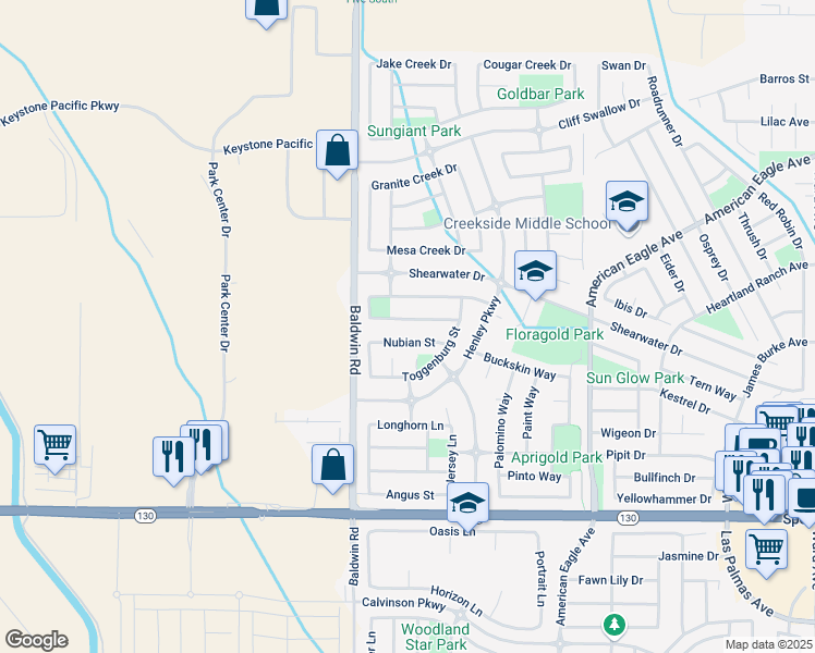 map of restaurants, bars, coffee shops, grocery stores, and more near 1438 Hunter Creek Drive in Patterson