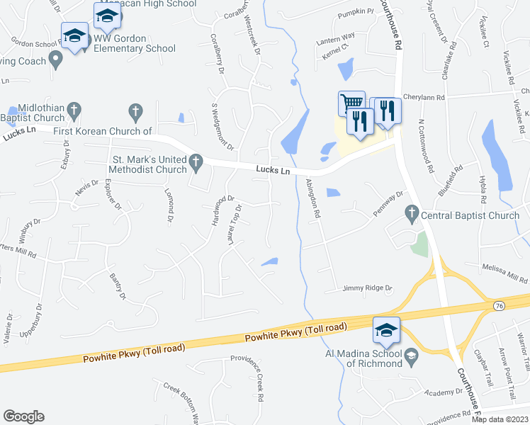 map of restaurants, bars, coffee shops, grocery stores, and more near 1306 Sweet Willow Drive in Midlothian