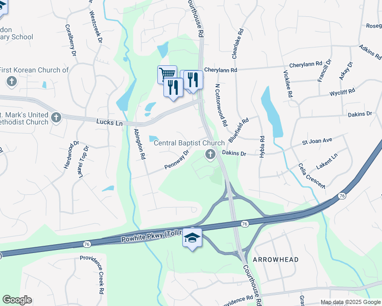 map of restaurants, bars, coffee shops, grocery stores, and more near 11011 Pennway Drive in Richmond