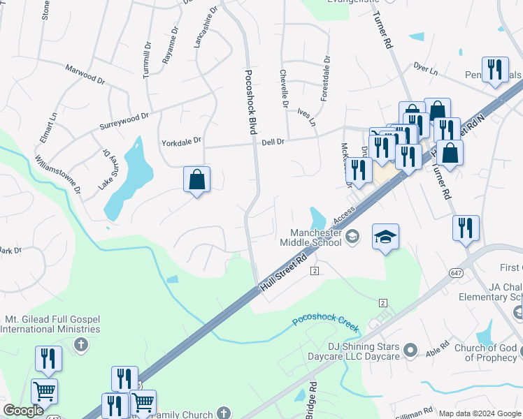 map of restaurants, bars, coffee shops, grocery stores, and more near 7618 Sandler Drive in North Chesterfield