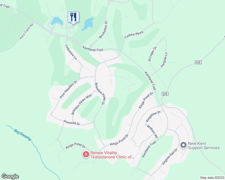 map of restaurants, bars, coffee shops, grocery stores, and more near 5201 Brandon Pines Drive in Providence Forge