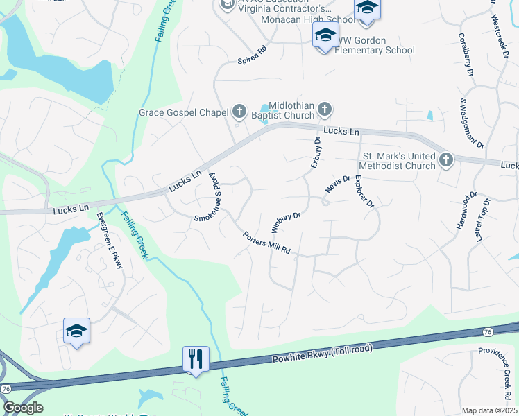 map of restaurants, bars, coffee shops, grocery stores, and more near 1400 Porters Mill Terrace in Midlothian