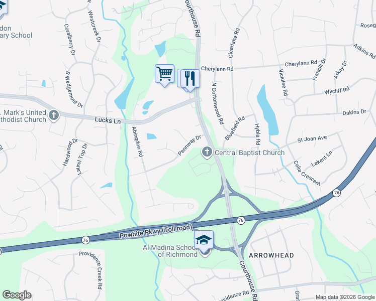 map of restaurants, bars, coffee shops, grocery stores, and more near 11031 Pennway Drive in Richmond