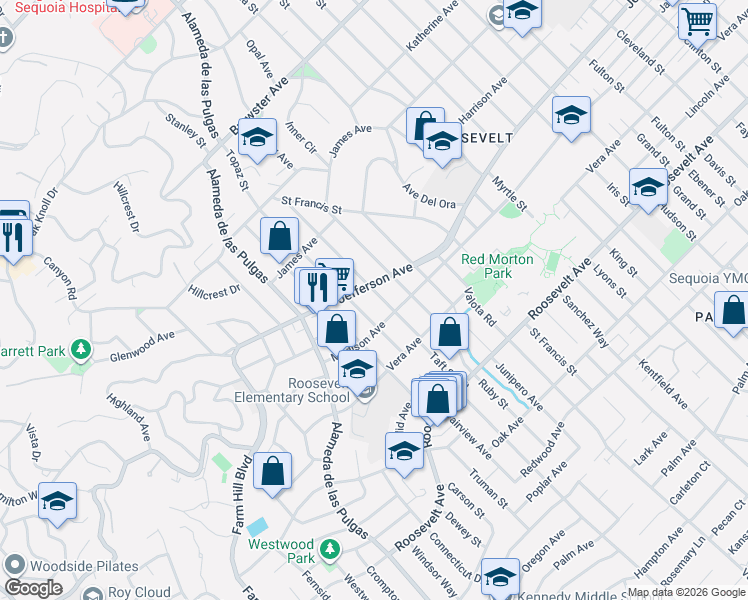 map of restaurants, bars, coffee shops, grocery stores, and more near 624 Sapphire Street in Redwood City