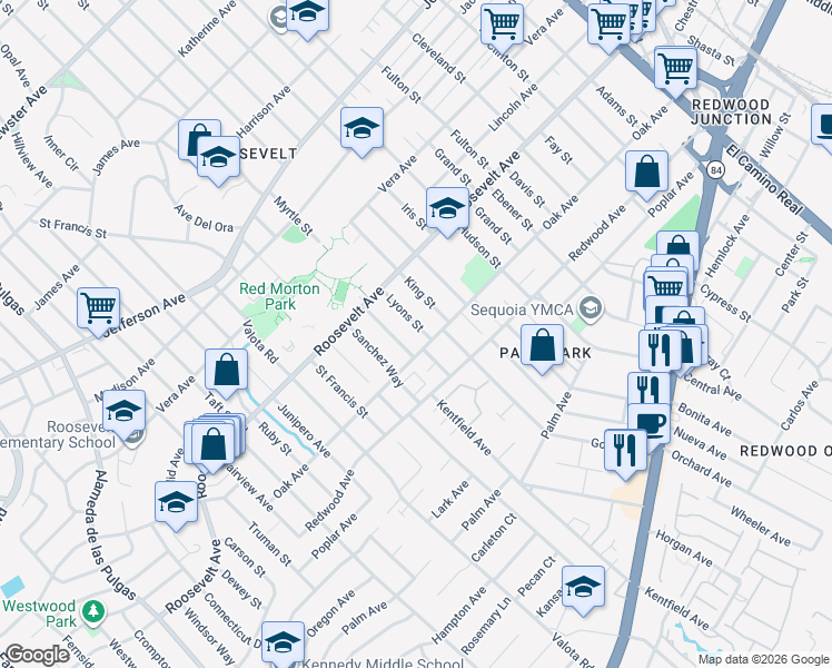 map of restaurants, bars, coffee shops, grocery stores, and more near 1186 Lyons Street in Redwood City