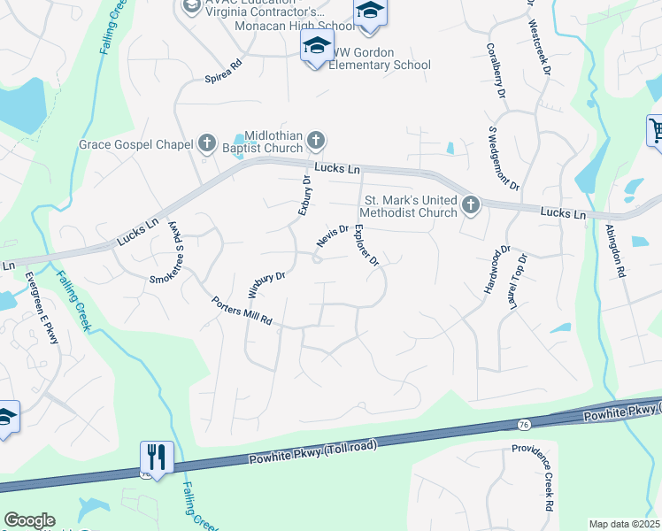map of restaurants, bars, coffee shops, grocery stores, and more near 11731 Sanbury Lane in Midlothian