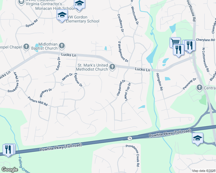 map of restaurants, bars, coffee shops, grocery stores, and more near 1401 Havens Oak Circle in Midlothian