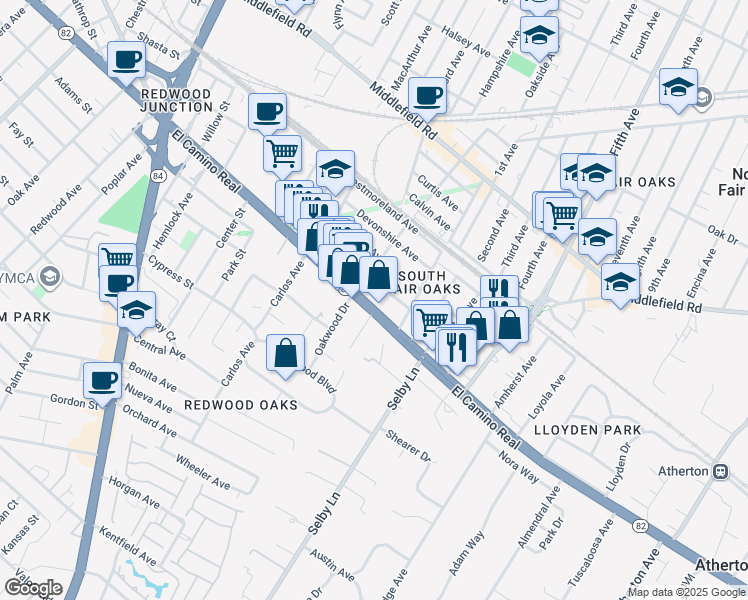 map of restaurants, bars, coffee shops, grocery stores, and more near 2821 El Camino Real in Redwood City