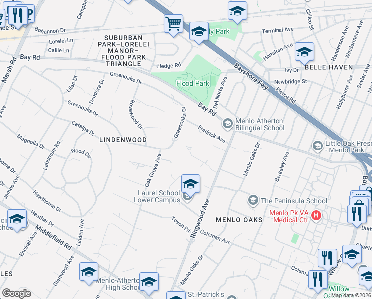 map of restaurants, bars, coffee shops, grocery stores, and more near 75 Parkwood Drive in Atherton