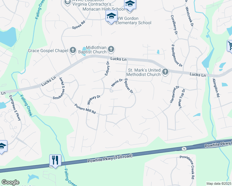map of restaurants, bars, coffee shops, grocery stores, and more near 11731 Sanbury Lane in Midlothian