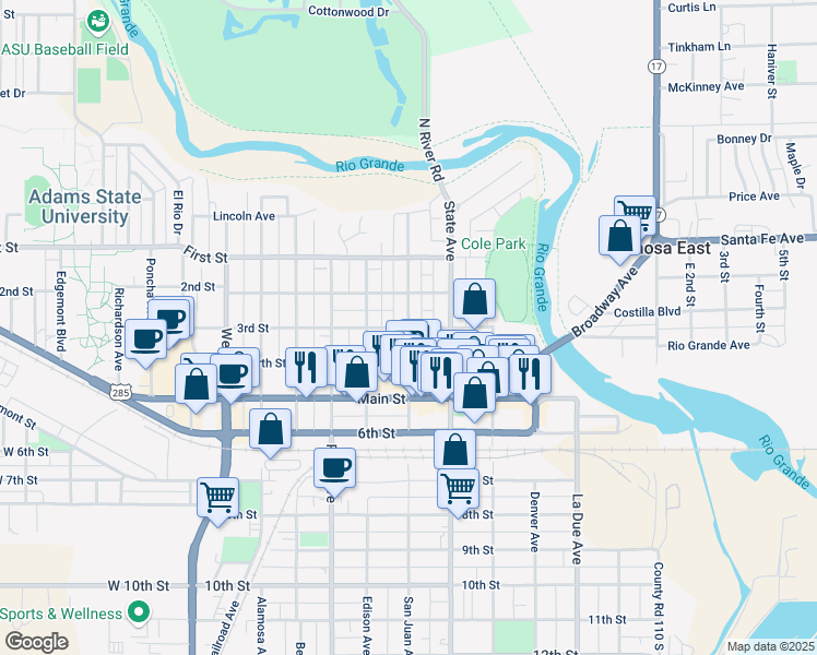 map of restaurants, bars, coffee shops, grocery stores, and more near 300 San Juan Avenue in Alamosa