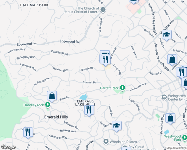 map of restaurants, bars, coffee shops, grocery stores, and more near 416 Crest Drive in Emerald Hills
