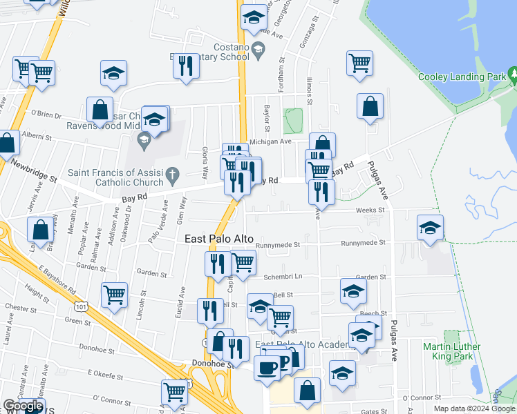 map of restaurants, bars, coffee shops, grocery stores, and more near 736 Weeks Street in East Palo Alto