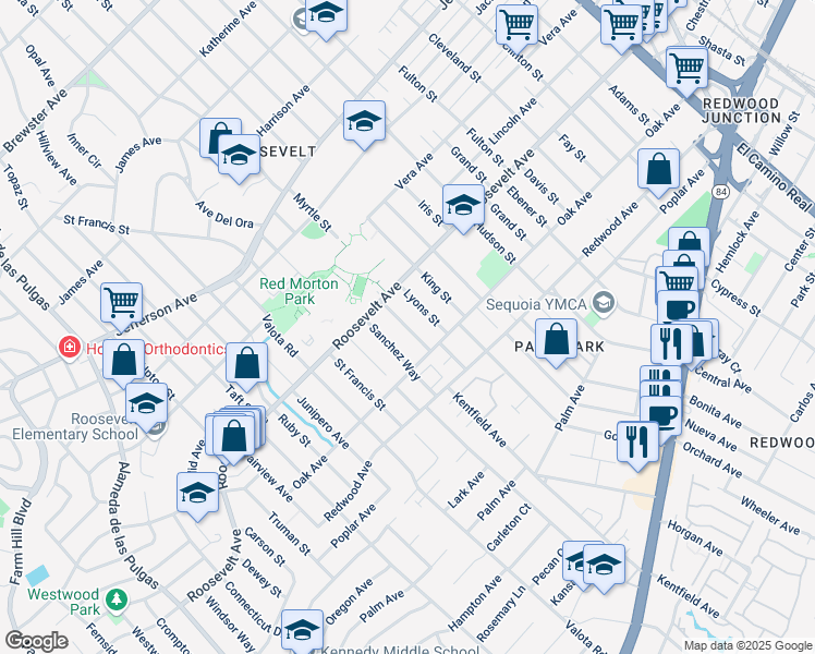 map of restaurants, bars, coffee shops, grocery stores, and more near 1151 Sanchez Way in Redwood City