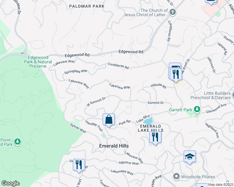 map of restaurants, bars, coffee shops, grocery stores, and more near 12 Summit Road in Woodside