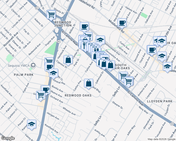 map of restaurants, bars, coffee shops, grocery stores, and more near 307 Carlos Avenue in Redwood City