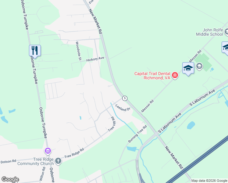 map of restaurants, bars, coffee shops, grocery stores, and more near 1600 Leeland Court in Richmond