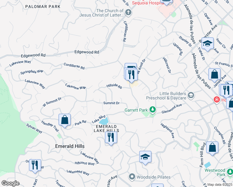 map of restaurants, bars, coffee shops, grocery stores, and more near 416 Crest Drive in Emerald Hills