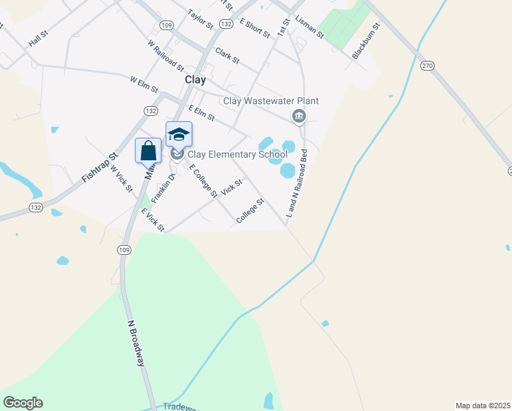 map of restaurants, bars, coffee shops, grocery stores, and more near College Street in Clay