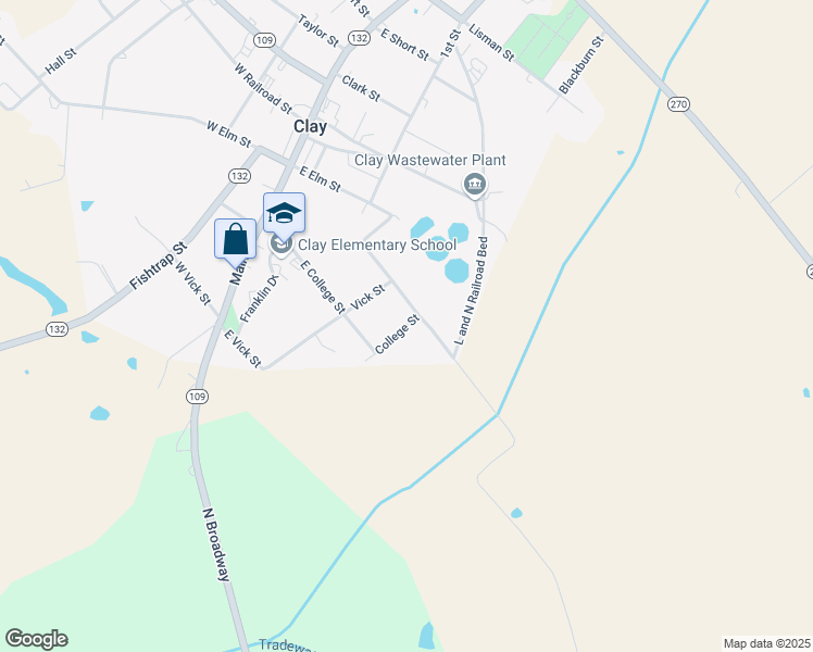 map of restaurants, bars, coffee shops, grocery stores, and more near College Street in Clay