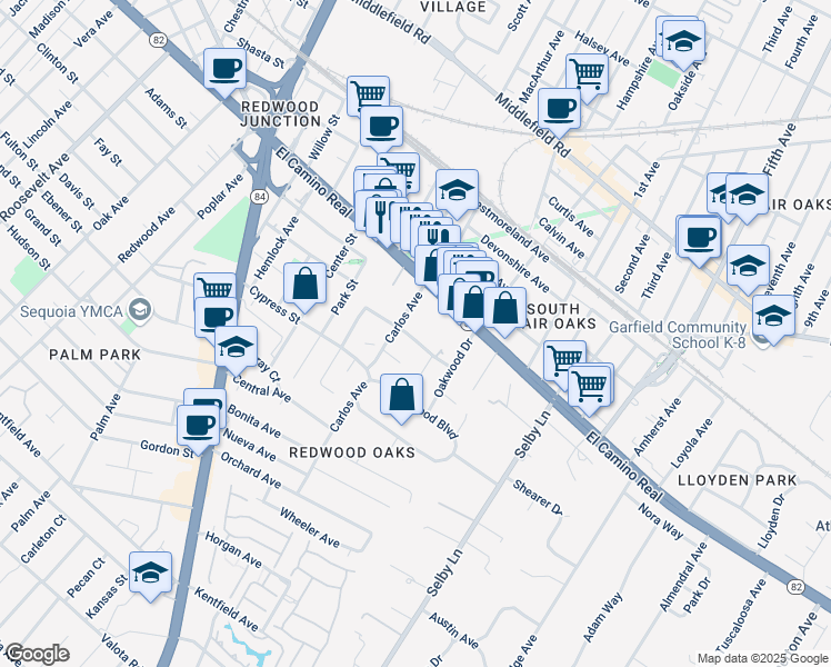 map of restaurants, bars, coffee shops, grocery stores, and more near in Woodside