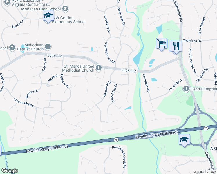 map of restaurants, bars, coffee shops, grocery stores, and more near 11525 Hardwood Drive in Midlothian