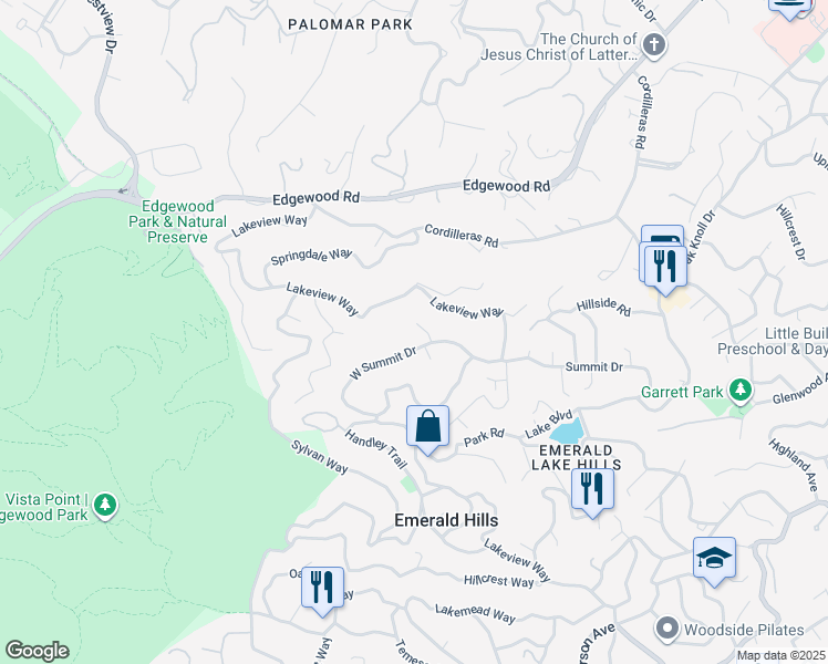 map of restaurants, bars, coffee shops, grocery stores, and more near 24 West Summit Drive in Emerald Hills