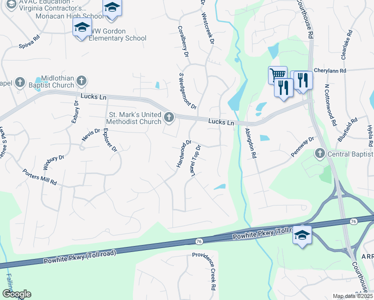 map of restaurants, bars, coffee shops, grocery stores, and more near 11525 Hardwood Drive in Midlothian