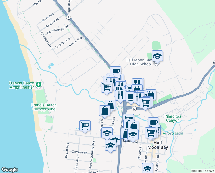 map of restaurants, bars, coffee shops, grocery stores, and more near 80 Cabrillo Highway in Half Moon Bay