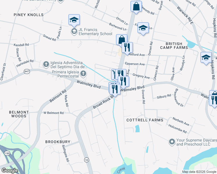 map of restaurants, bars, coffee shops, grocery stores, and more near 4824 Walmsley Boulevard in Richmond
