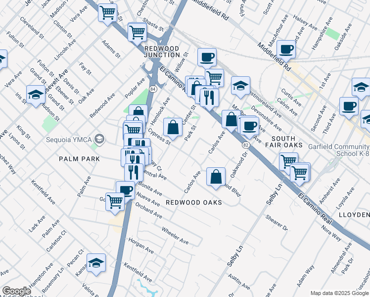 map of restaurants, bars, coffee shops, grocery stores, and more near 335 Park Street in Redwood City