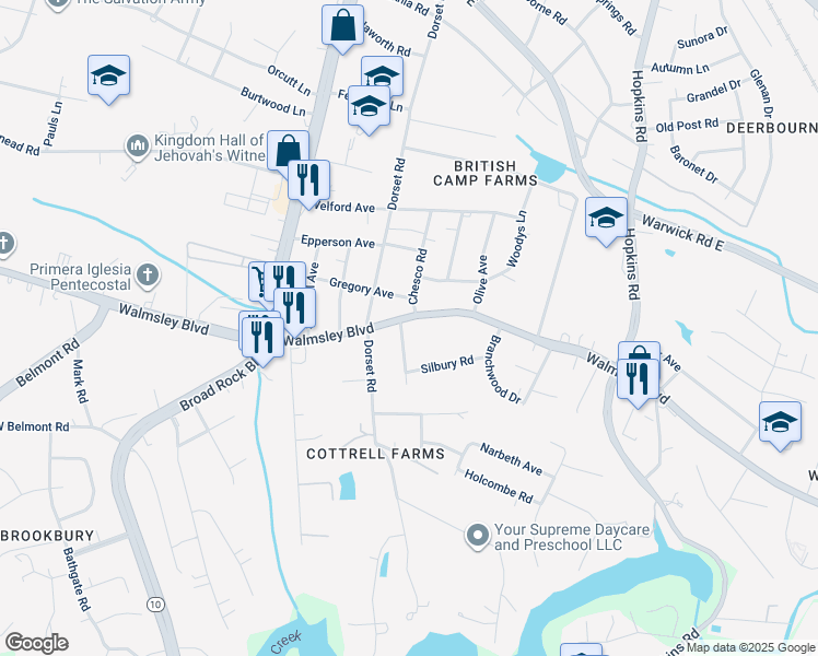 map of restaurants, bars, coffee shops, grocery stores, and more near 3501 Woodmere Drive in Richmond