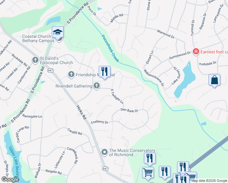 map of restaurants, bars, coffee shops, grocery stores, and more near 2117 South Twilight Lane in Richmond