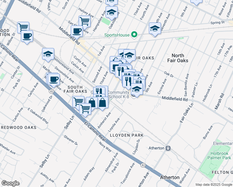 map of restaurants, bars, coffee shops, grocery stores, and more near 218 Semicircular Road in Menlo Park