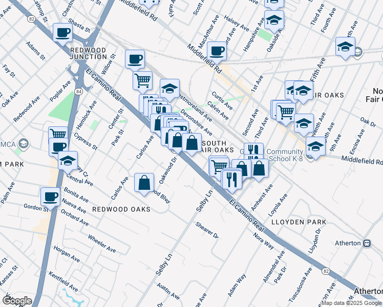 map of restaurants, bars, coffee shops, grocery stores, and more near 2857 California 82 in Redwood City