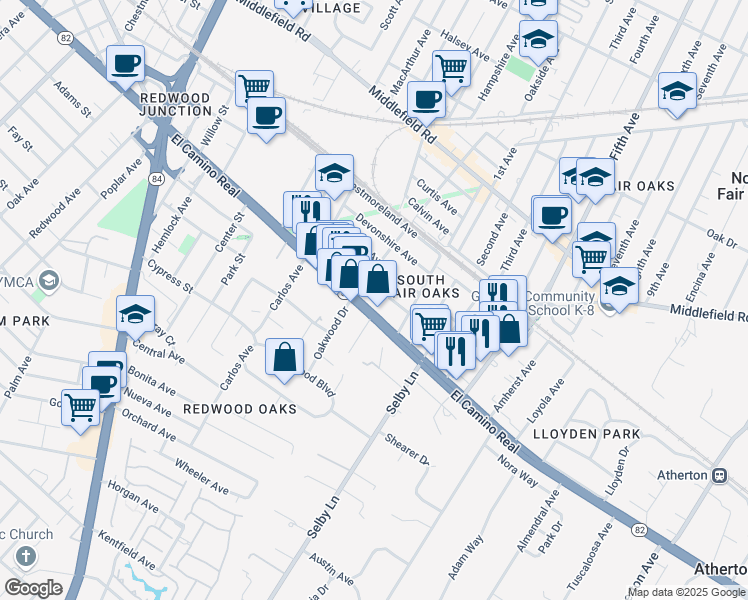 map of restaurants, bars, coffee shops, grocery stores, and more near 2857 California 82 in Redwood City