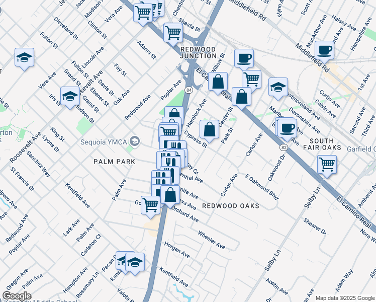 map of restaurants, bars, coffee shops, grocery stores, and more near 451 Center Street in Redwood City
