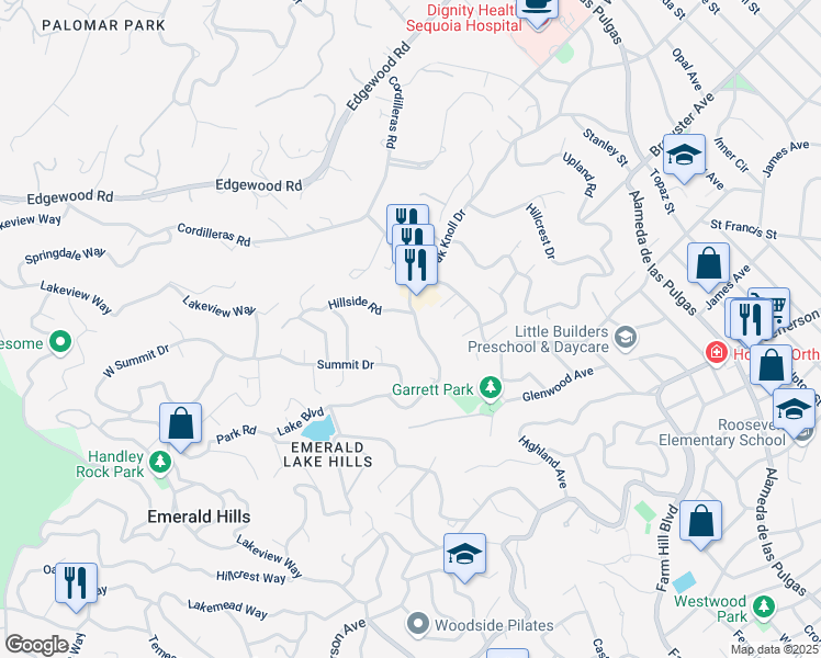 map of restaurants, bars, coffee shops, grocery stores, and more near 20 Danford Court in Redwood City