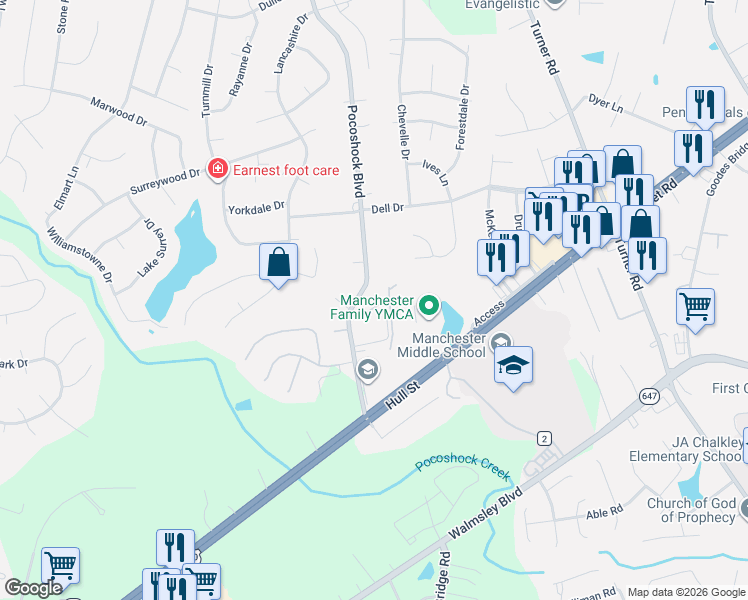 map of restaurants, bars, coffee shops, grocery stores, and more near 7614 Sandler Drive in Chesterfield County