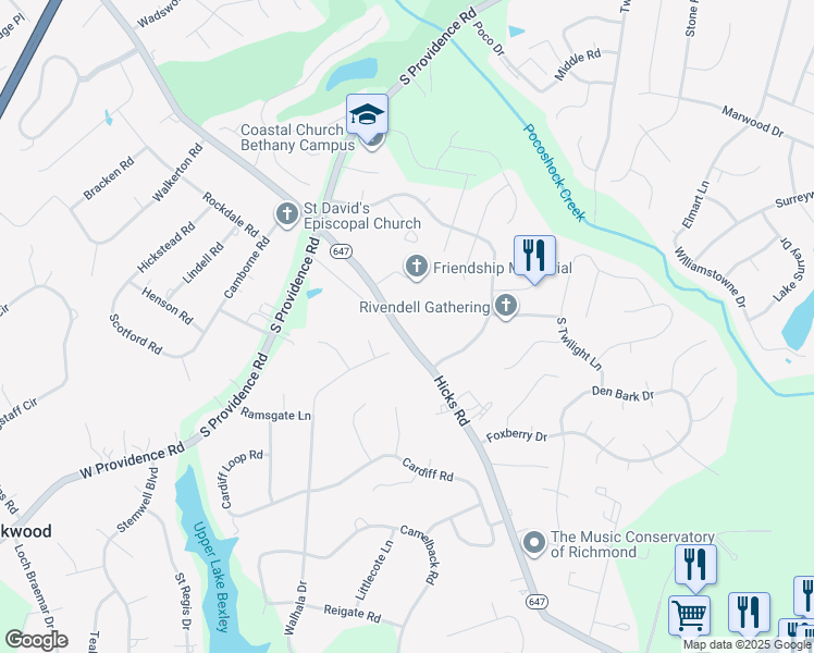 map of restaurants, bars, coffee shops, grocery stores, and more near 2000 Walhala Drive in Richmond