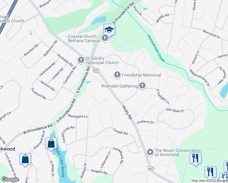 map of restaurants, bars, coffee shops, grocery stores, and more near 2000 Walhala Drive in Richmond