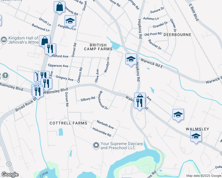 map of restaurants, bars, coffee shops, grocery stores, and more near 4100 Walmsley Boulevard in Richmond