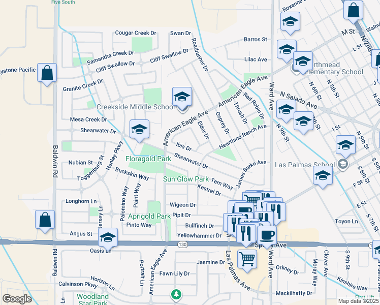 map of restaurants, bars, coffee shops, grocery stores, and more near 1220 Ibis Drive in Patterson